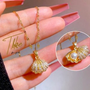 High quality 18k gold plated bling zircon shell pearl necklace